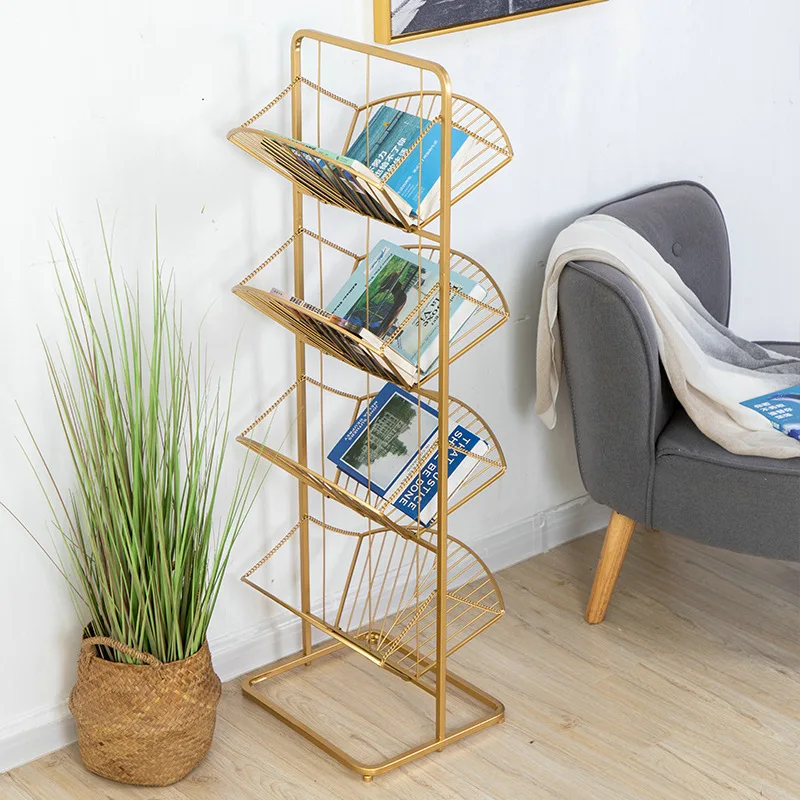 INS Nordic Iron Folding Bookshelf Living Room Study Simple Storage Rack Office Newspaper Magazine Storage Rack