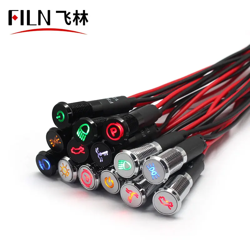 FILN 8mm Warning Dash board red yellow white blue green 12v led flat head indicator light with 20cm cable with symbol
