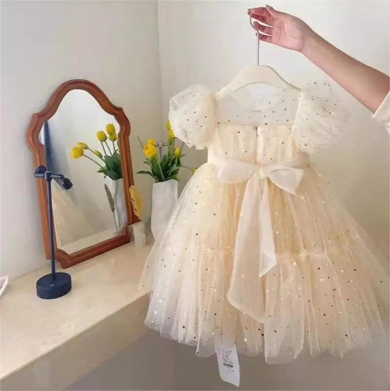 2024 Summer New Korean Baby High-grade Mesh Bubble Sleeve Skirt Girls Kids Dress Girls Dresses
