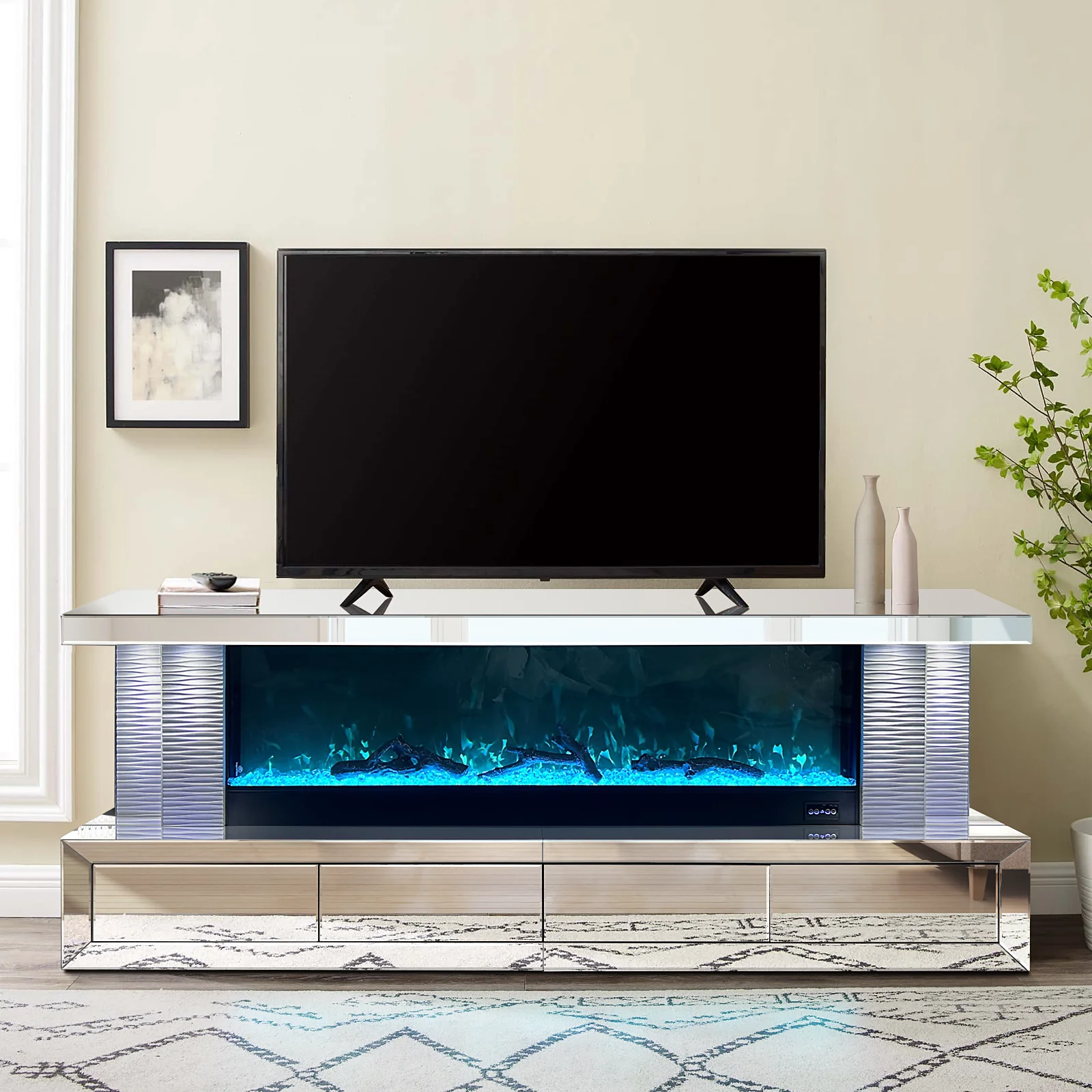 Modern US style white mirrored TV stand with electric fireplace heater Bluetooth speakers mirrored TV stand