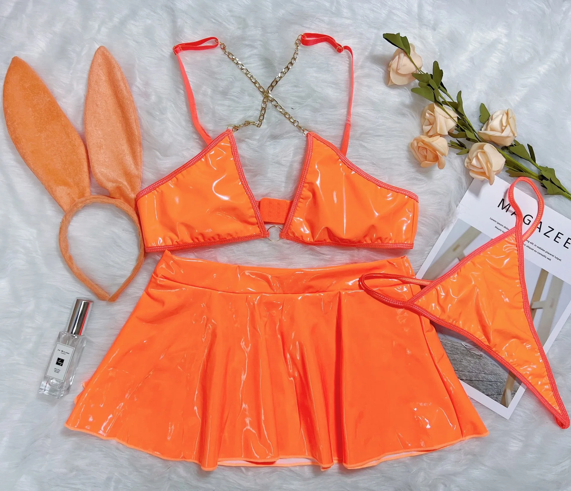 Sexy Temptation Skirt Bikini Suit Lady Interesting Patent PU Leather Cosplay Bunny Girl Erotic Roleplay Costume