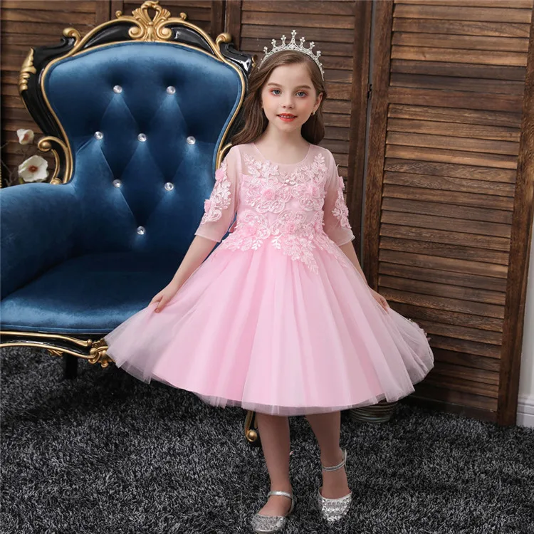 MAG82 Girls Flower Vintage Floral Lace 3/4 Sleeves Floor Length Dress Wedding Party Evening Formal Dresses