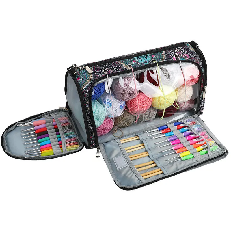 Hand Woven Crochet yarn Flower graphical needle thread Long form Handbag Sewing tool Bag knitted yarn hook thread storage bag