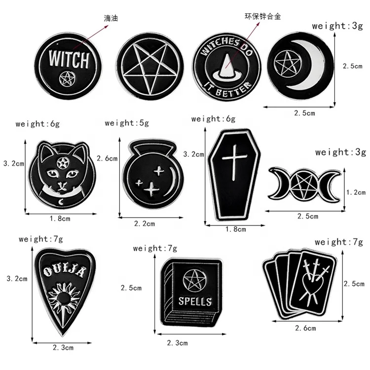 Hot Punk Moon Coffin Witch Book Hat Black Moon Brooch Dark Series Retro Brooch Pin Badges Brooches
