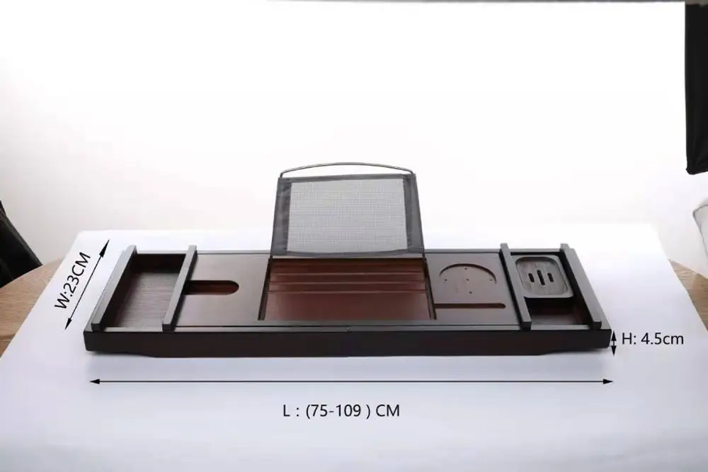 Luxury Extendable Bathtub Caddy Tray with Book and Wine Holder, Bamboo Wood Bathroom Organizer Bed Tray Free Soap Gray