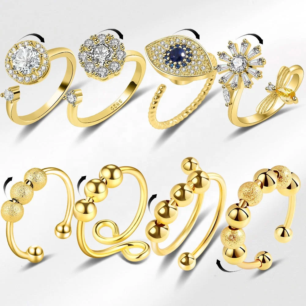 Adjustable Jewelry Gold Plated Statement Flower Eye Zirconia Ease Anxiety Bead Rotatable Women Rings