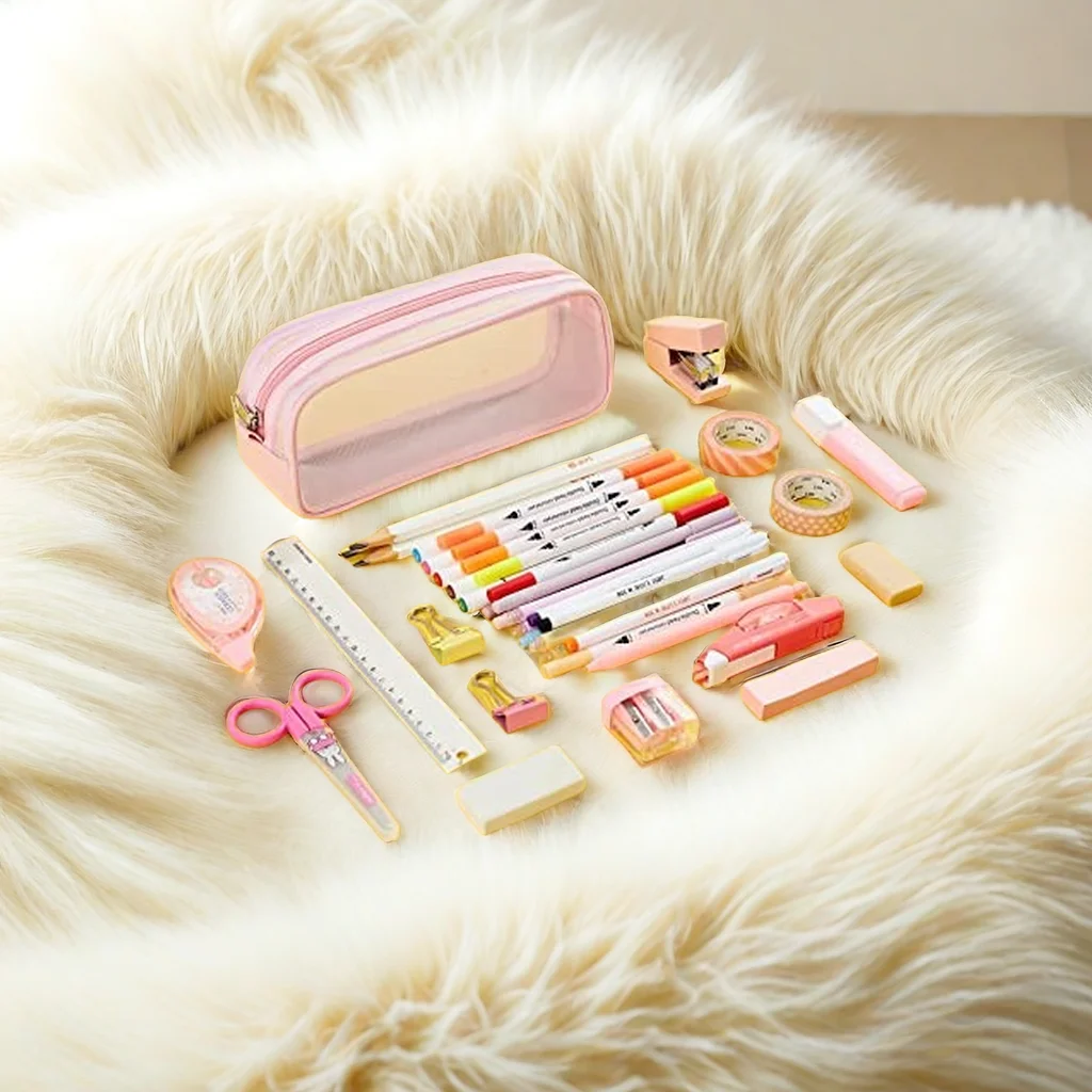 Cute Small Pencil Case for Girls School Bag with Mesh Fabric and PVC Material Pen Bag Pouch for School Bags