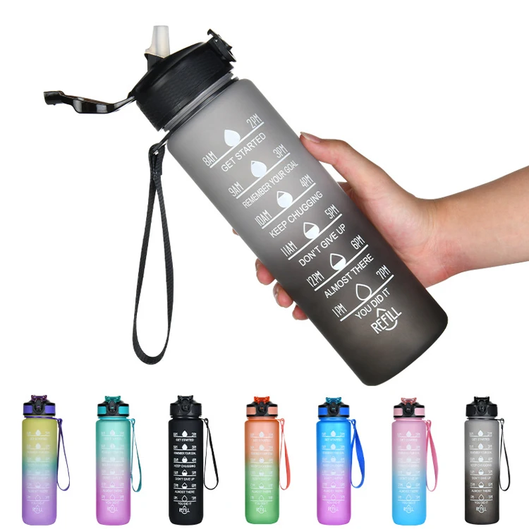 Wholesale Portable Food Grade Outdoor Sports Water Jug 32OZ 1000 ML Reusable Motivational Plastic Water Bottle With Time Marker