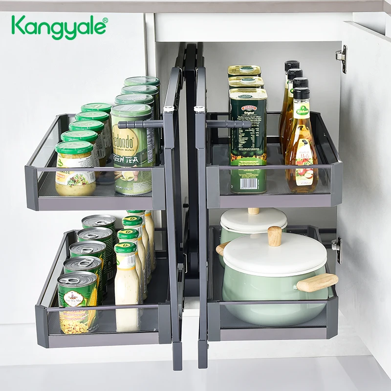 KANGYALE Storage Baskets Metal Multifunction Full Open Basket Kitchen Cabinet Corner Swivel Basket