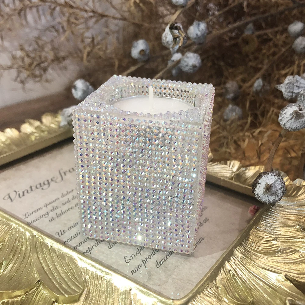Wholesale square home decoration tealight k9 candle crystal holder with diamond