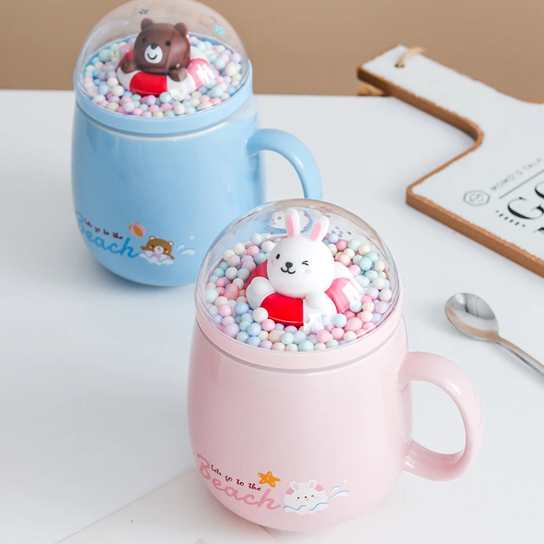 Cartoon Animal Micro-landscape Swimming Ring Ceramic Cups Coffee Mug Couple Water Cup With Lid Spoon