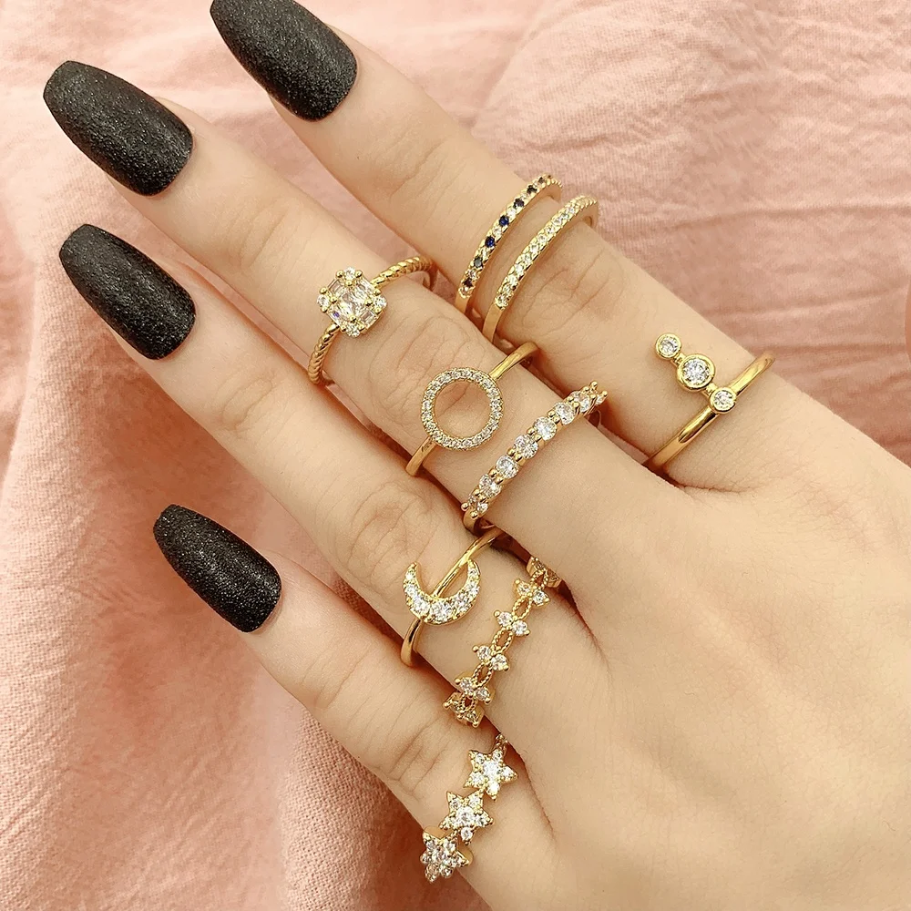 2021 Gold Plated Stacking Rings Set For Women Vintage Boho CZ Knuckle Diamond Pearl Ring Set Wholesale