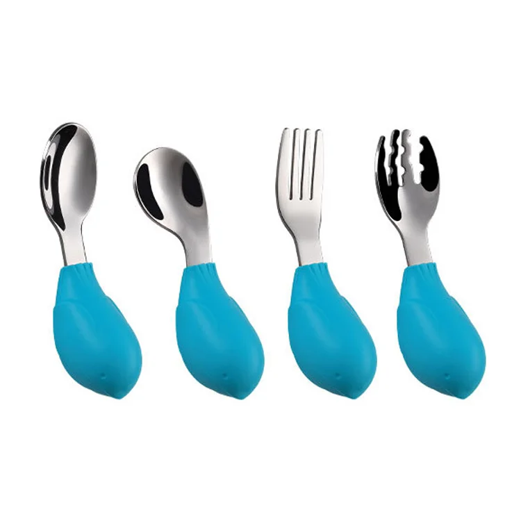 Детские Силиконовые ручки комбинированных ложек и вилок 304 из нержавеющей стали ложка для грудничков короткие ручки комбинированных ложек и вилок детская посуда пищевая добавка ложка