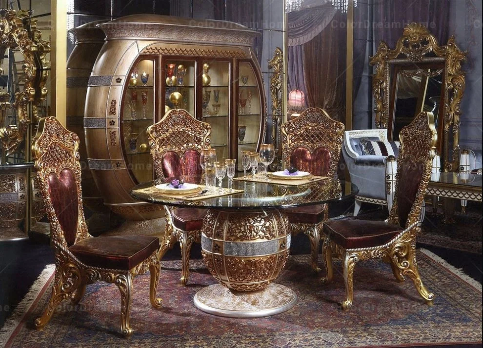 Rococo Royal Luxury Furniture Gold Wood Carving Long Dining Table and Chair Set Glass Countertop