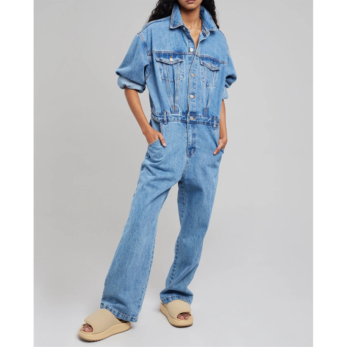 Custom One Piece Jeans Long Sleeve Stone Wash Girdling Denim Jumpsuit For Women