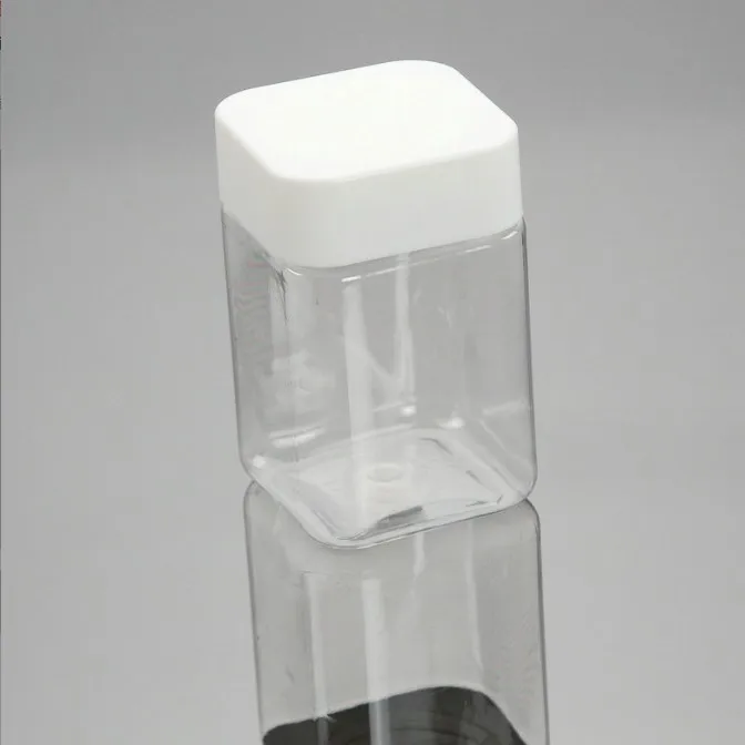 wholesale plastic PET wide mouth transparent food jar square child proof cap jar with square lid