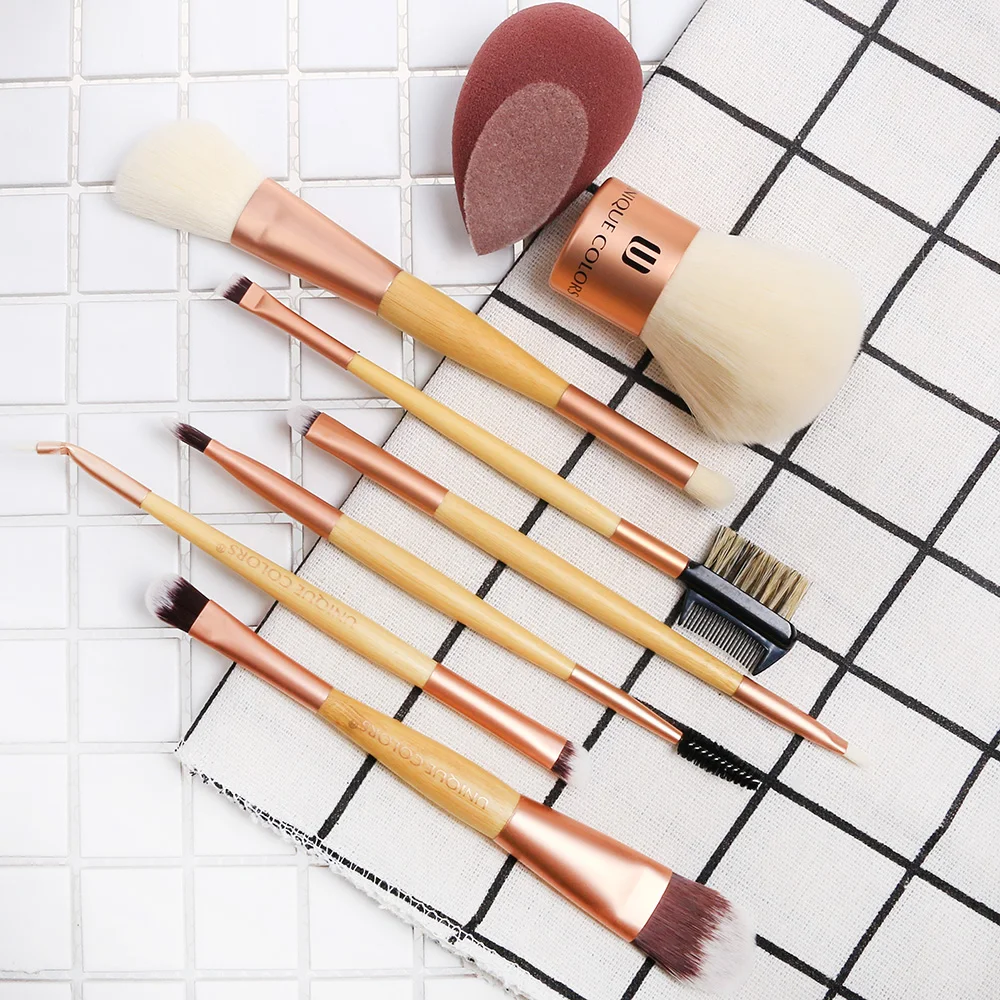 Professional Double End eco hair Bamboo handle Eye Face Make up Brush Kabuki Brush set with Microfiber Makeup Sponge with bag