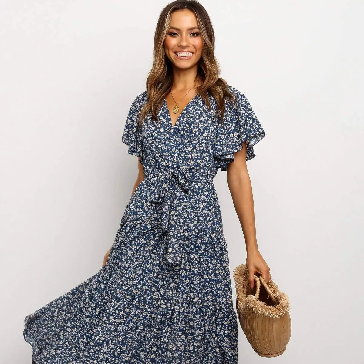 QZ 2022 Amazon summer hot sale casual dress short sleeve long dress V-neck cross polka dot floral belt long dress