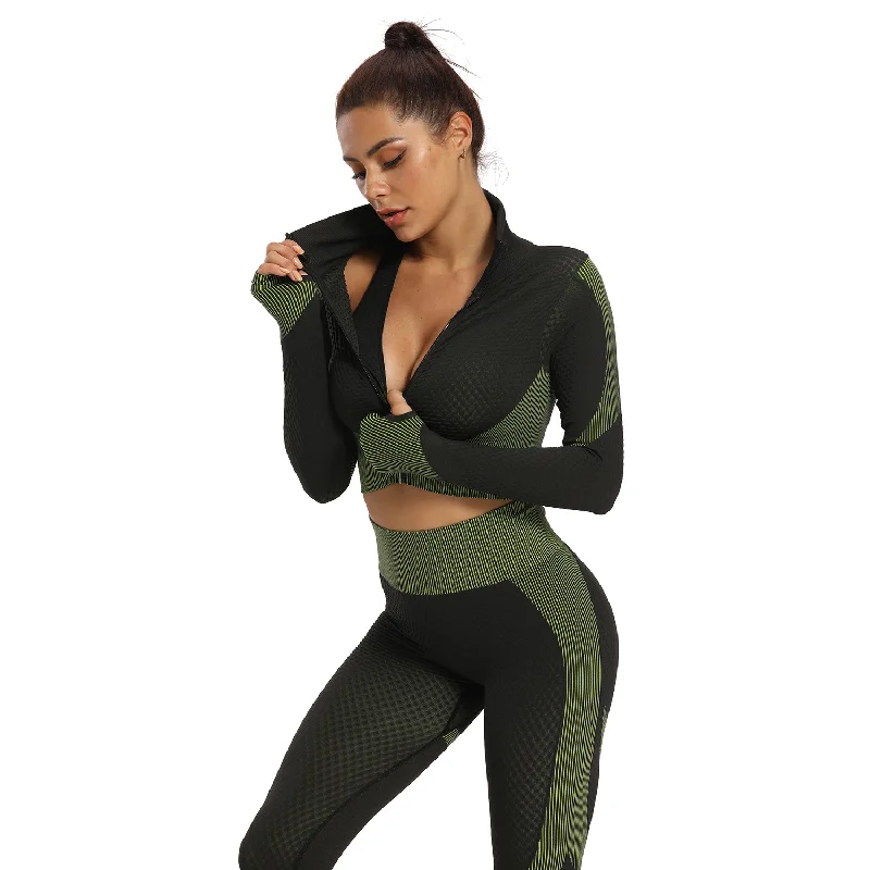 Three-piece Hot Buy High Elastic Long-sleeve Zipper Windproof Tight Seamless Sweat Sports Workout Bra Yoga Pants