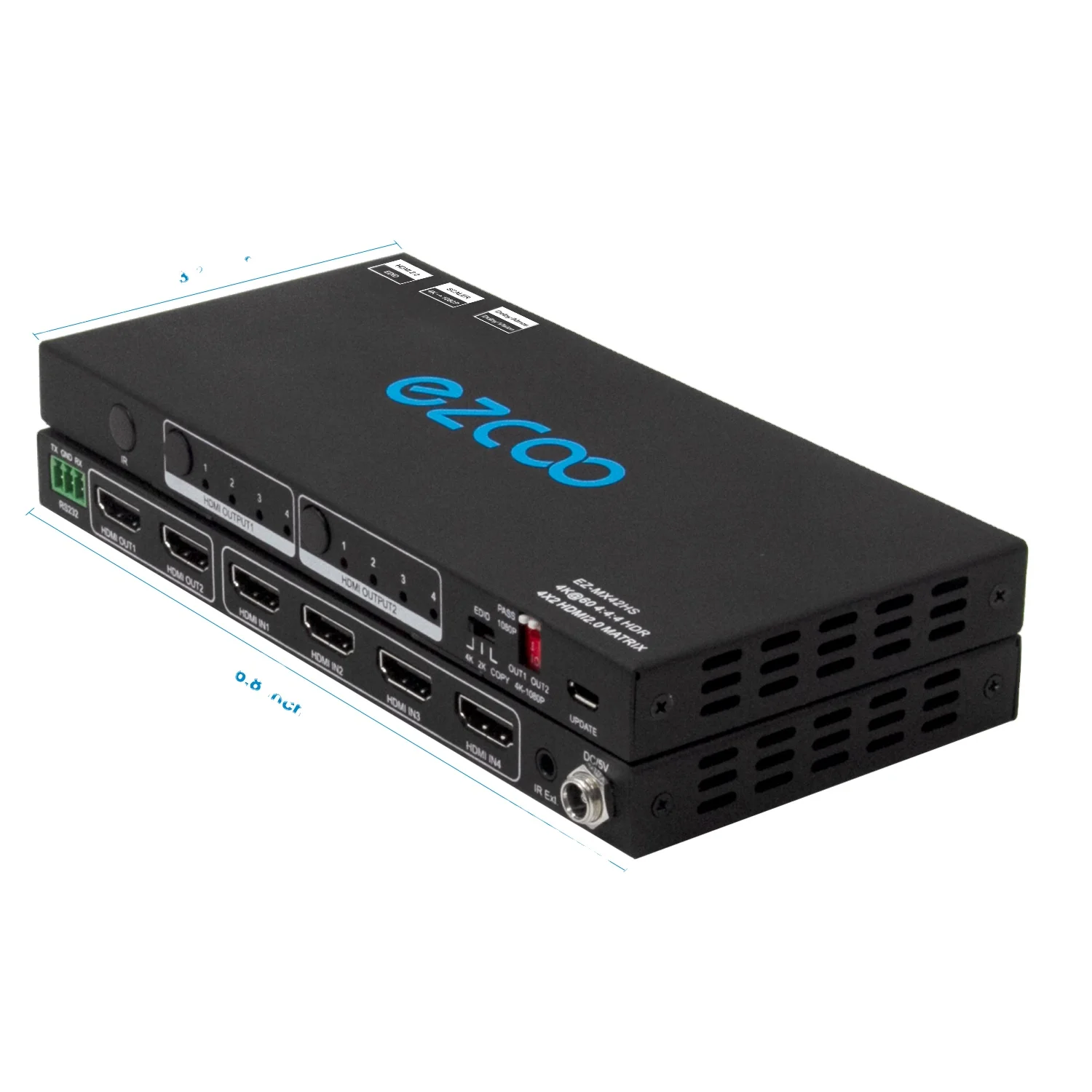 4K HD-MI Matrix Switch 4 In 2 Out with Audio Extractor CEC Down-scaler SPDIF Stereo Audio EDID Switch IR Remote Ext RS232