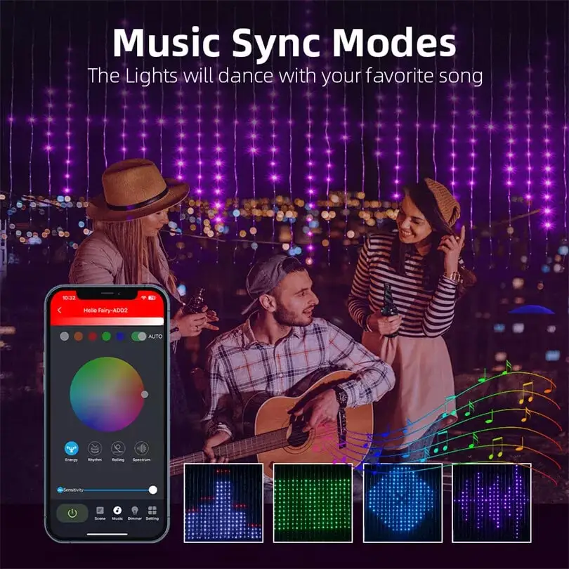 Color Changing Curtain Lights with Music Sync APP Remote Control, Smart Curtain Lights RGB Built in Chip