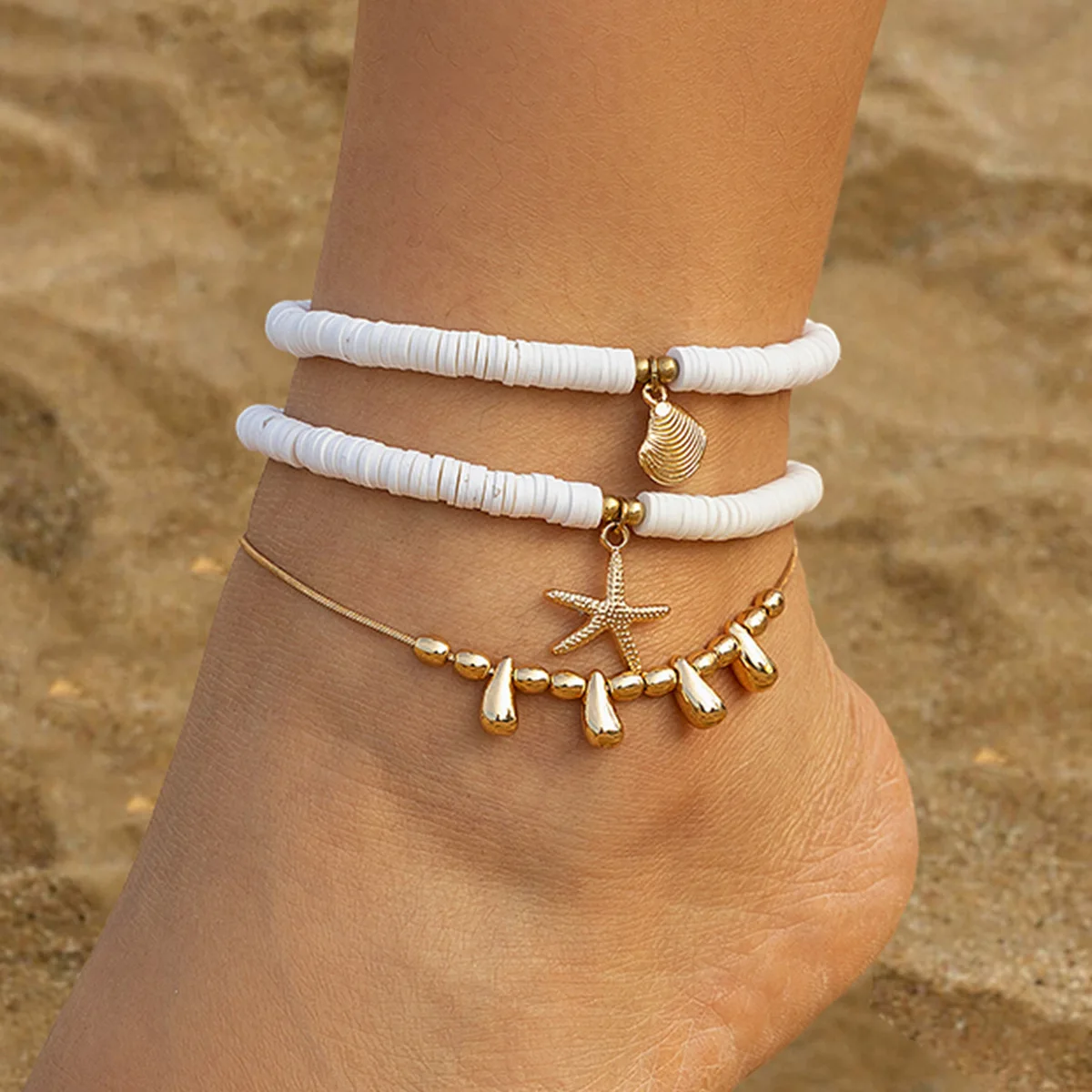 European and American Style Starfish Shell Pendant Anklet Set 3-Piece Fashion Jewelry for Women Gold Plated Copper for Gift