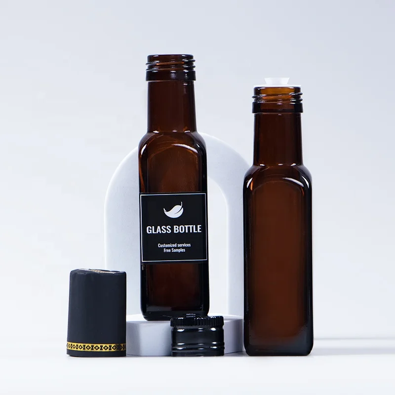 Fancy 100ml small amber square glass bottles with black metal lids for olive oil