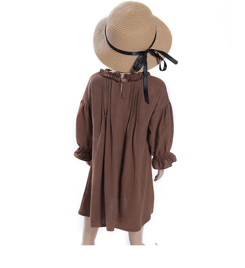 
Children Princess Dress Lace Long-sleeved Solid Color Linen Skirt Baby One-piece Dress 