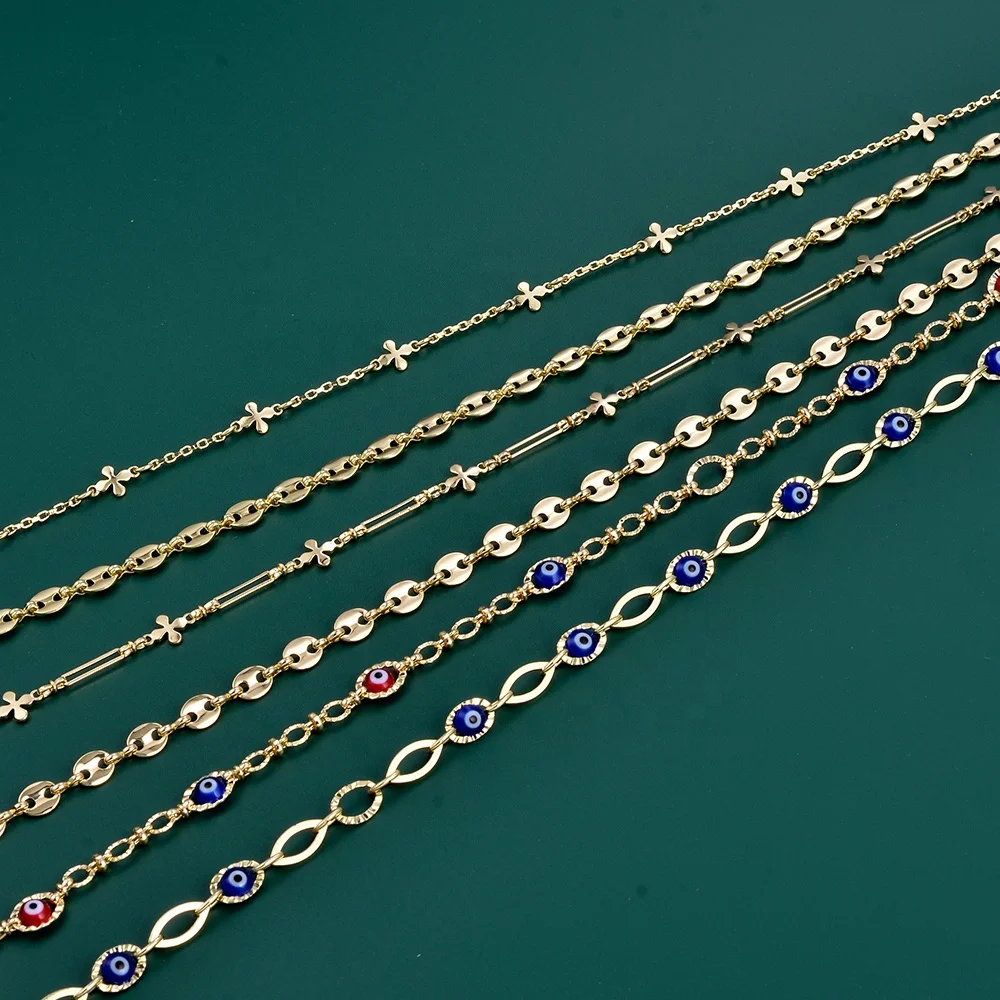 Wholesale Findings 18K Gold Bulk Chain Link for Jewelry Making Copper Curb Evil Eye Chain for Necklace Bracelet Anklet DIY Craft