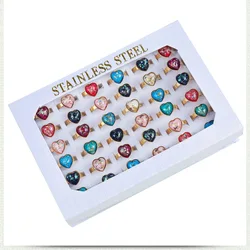 36PC/BOX Bohemia Vintage Natural Stone Gold Plating Ring Colorful Cat Eye Titanium Finger Men lady Stainless steel Rings