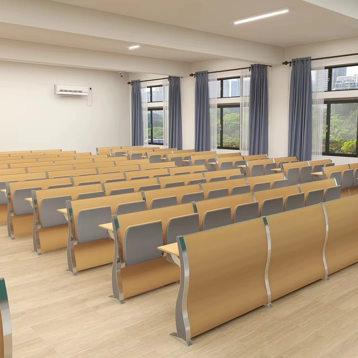 College Tip-up School Double Table And Chairs Set wooden school desk with wooden classroom chairs lecture hall seating with desk