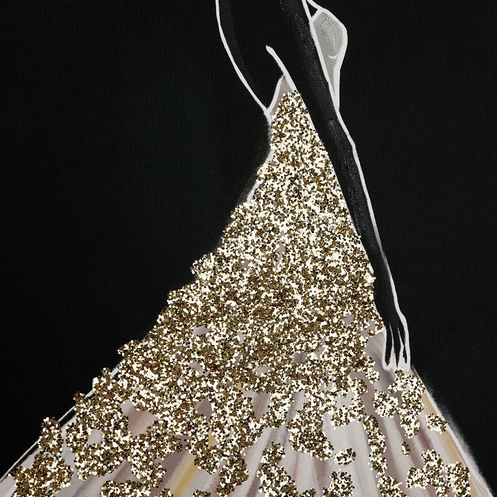 Modern Hand Painted Gold Glitters Dress Stretched Canvas Abstract Figure Artwork Home Decor Print On Canvas Custom Art Prints
