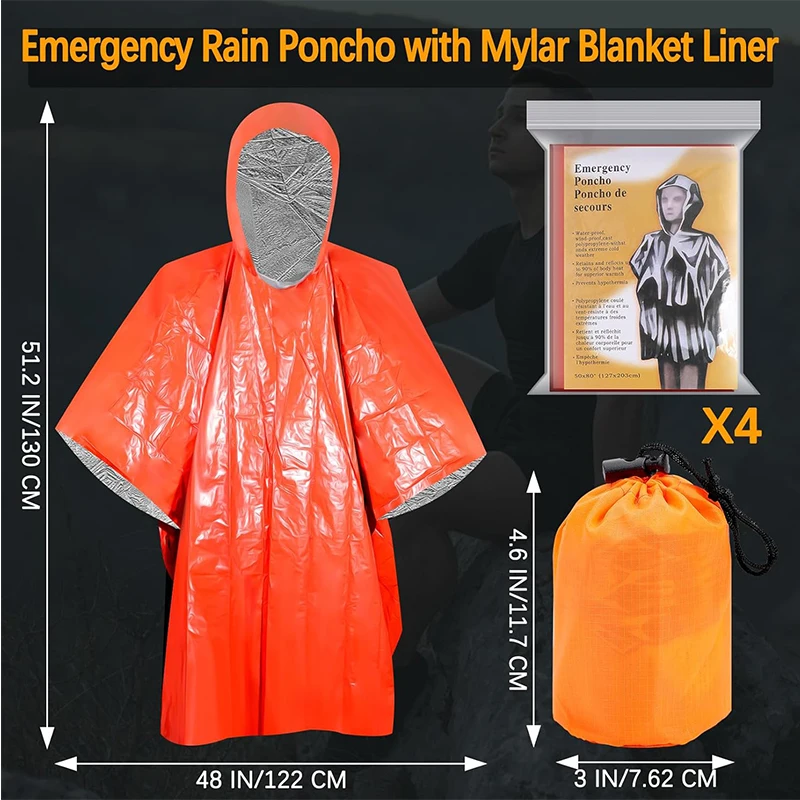 Waterproof Orange PE Aluminium Foil Survival Emergency Rain Poncho With Mylar Blanket Liner