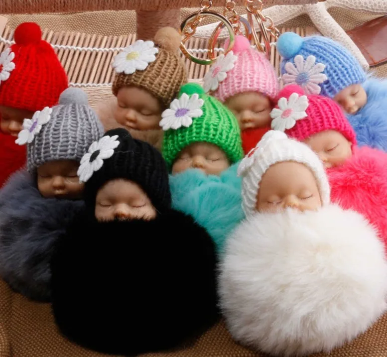 Wholesale 8cm Cute Pom Pom Ball Plush Keychains Sleeping Baby Doll Cartoon Pendant Key Ring Key Chain