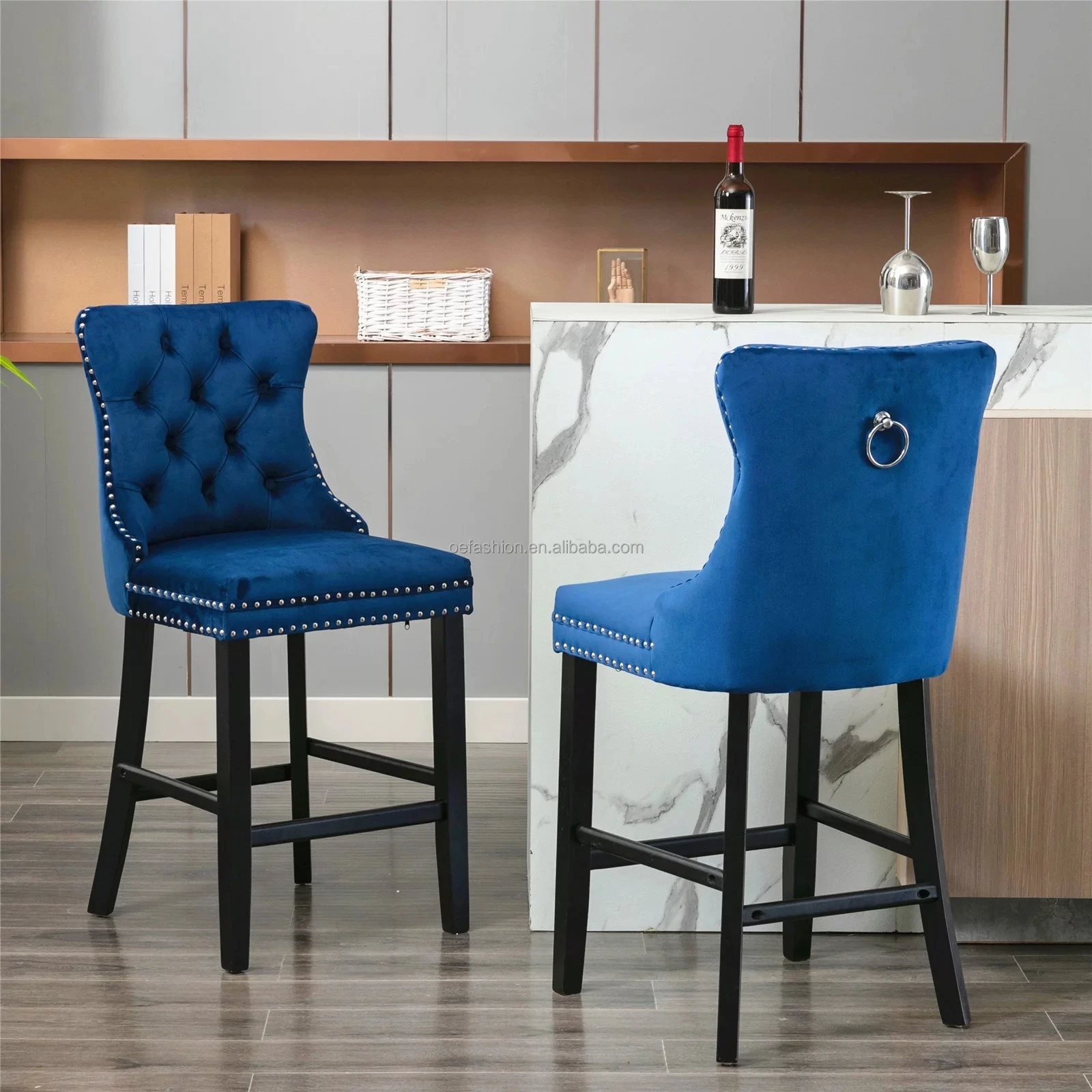 OE-FASHION Wholesale Modern Luxury Blue velvet  High Counter Height  Wooden Bar Stools For Kitchen