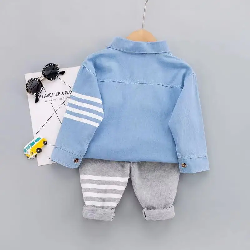 Wholesale jean stripe spring autumn boy denim shirts pants 2 pieces suit