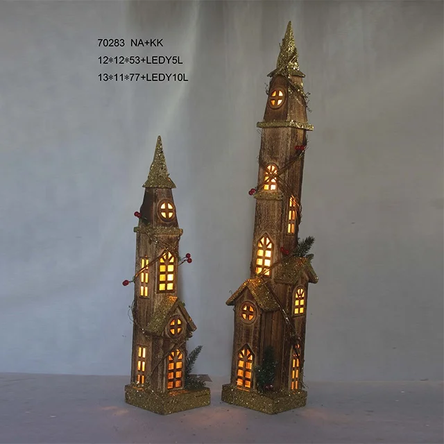 indoor mini wooden lighted church house village with led lights for Christmas decoration
