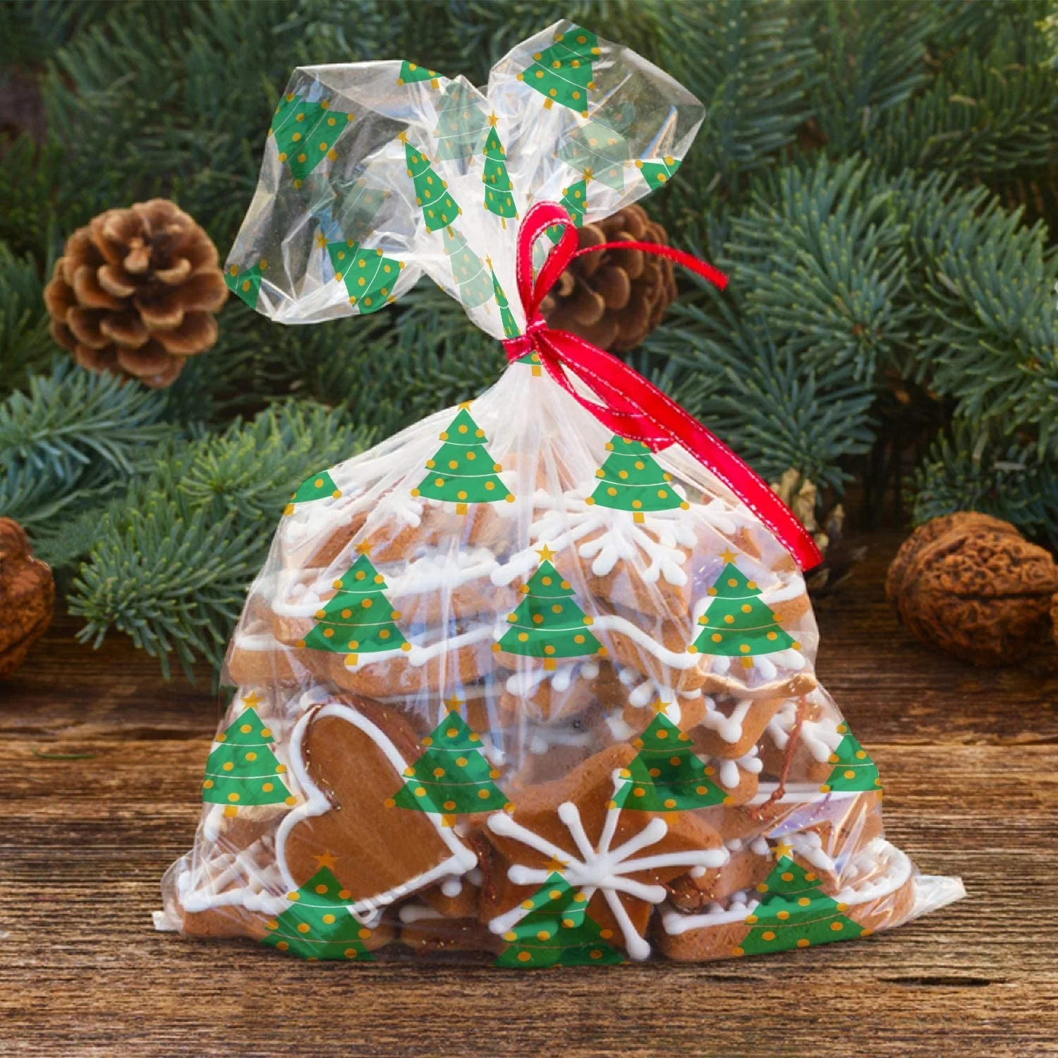 100 pieces Christmas popcorn clear treat bags goodies clear cellophane bags with 100 pieces twist ties