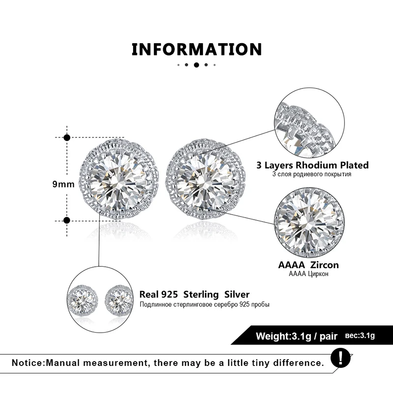 RINNTIN SE231 Fashion Women Cubic Zircon Jewelry Wholesale 925 Sterling Silver Big Stone Stud Earrings