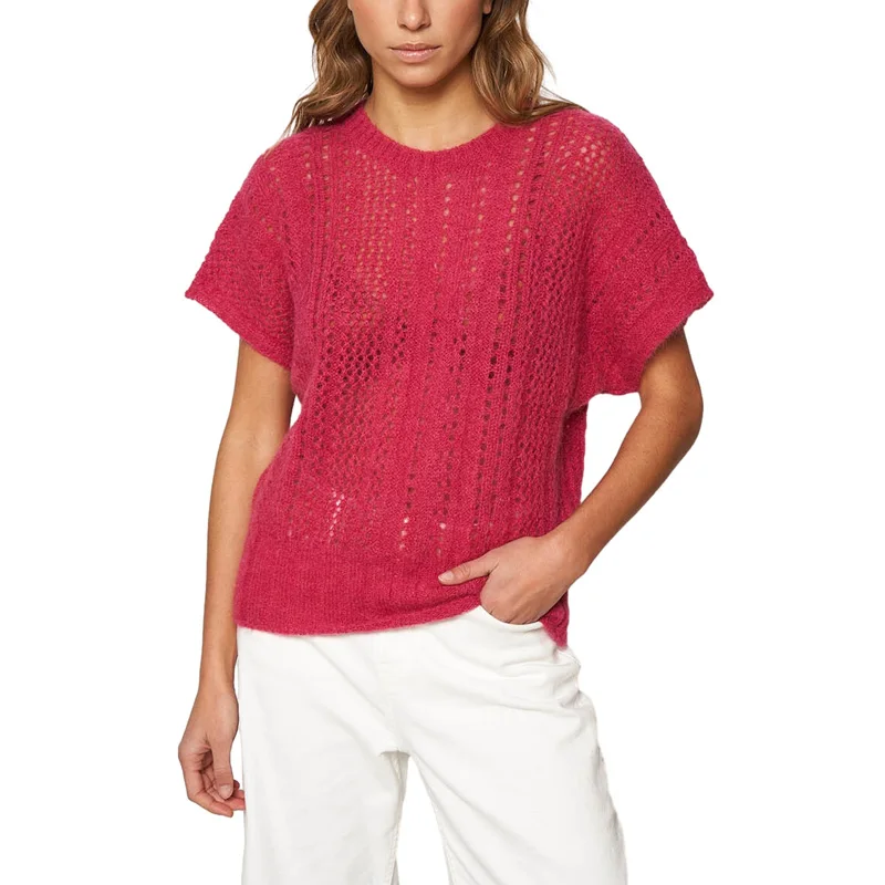 HDSUD24005 Fancy Openwork Knit Round Neckline Bat Sleeves Mohair Texture Jumper