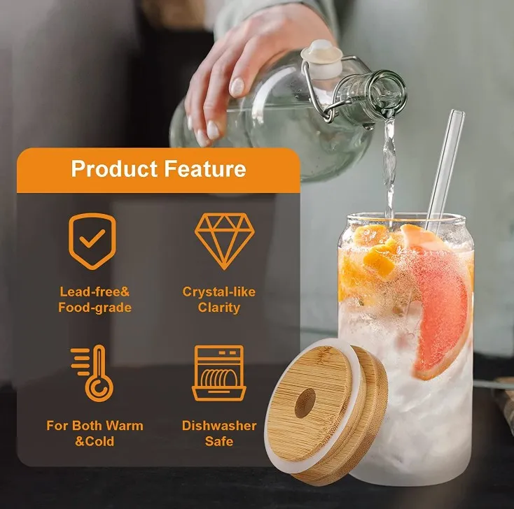 Стеклянная Кружка IKOO объемом 16 унций банки с бамбуковыми крышками и соломенными пивными стаканами