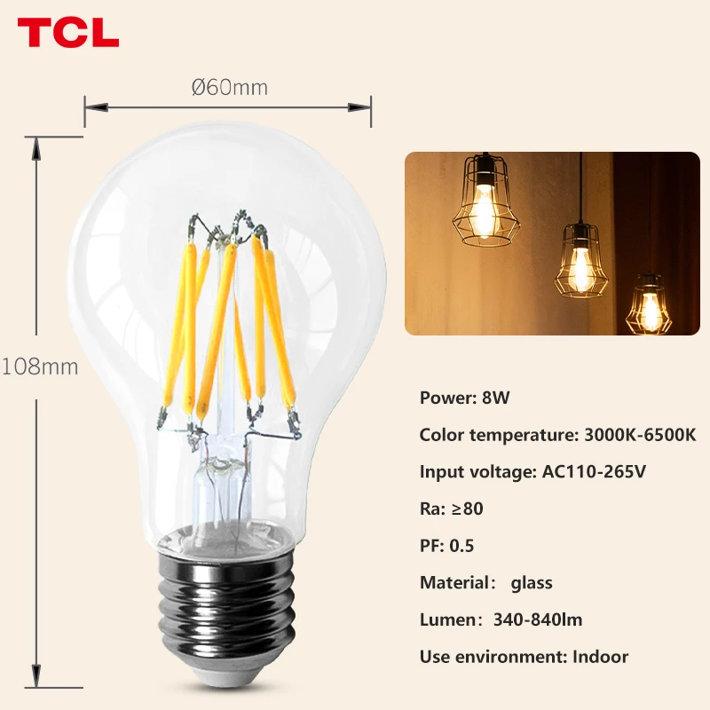 TCL Высокое качество 8 Вт 100lm/W E27 AC 100-130V 2700K теплый свет винтажные декоративные светодиодные лампы накаливания