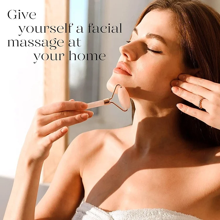 Custom Logo 2 in 1 Natural Jade Facial Massage Pink Crystal Quartz Roller Gua Sha Set With Box