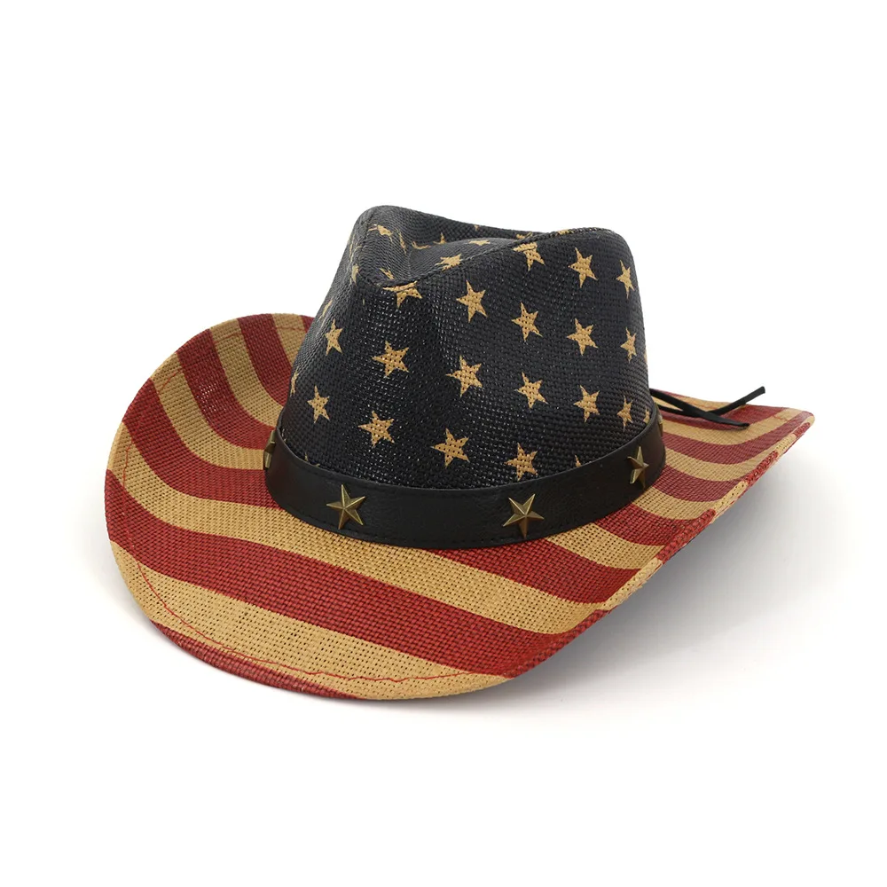 Adult Western Top Panama Fedora Sunhats Gambler Brim Boater Jazz Cowboy Straw Hat American Flag Straw Hat