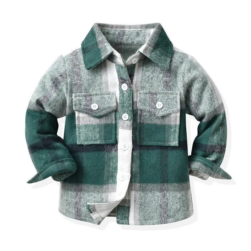 Fall Winter Kids Boys Girls Baby Tartan Plaid Flannel Shirt Shacket Jacket Long Sleeve Button Down Kids Plaid Flannel Shirts