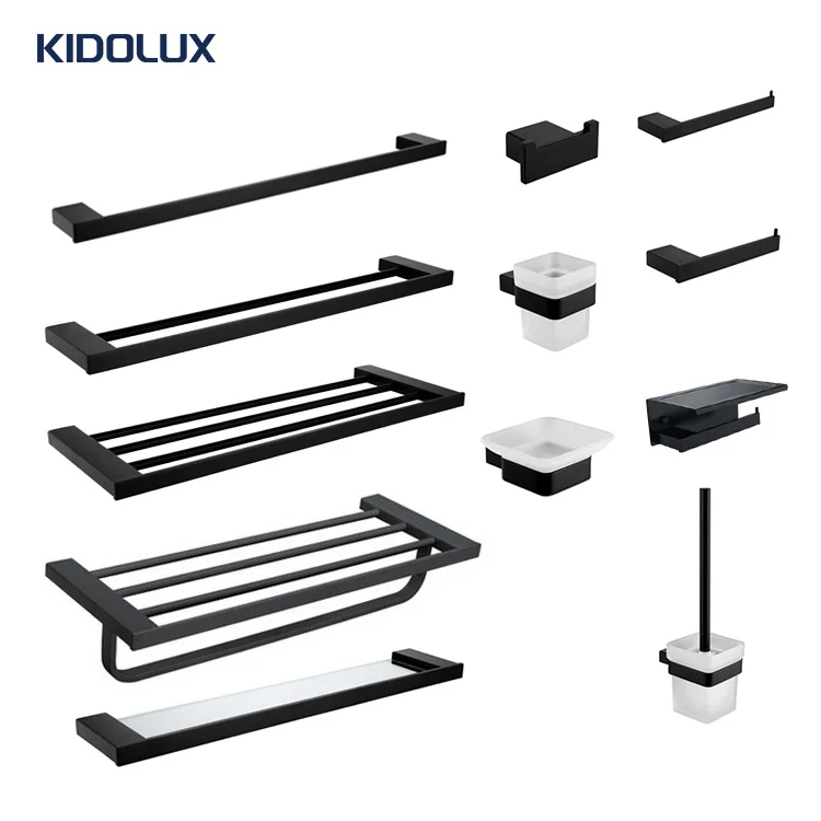2024 Bathroom Storage Cleaning Products Black 16 Piece Matte Black Accessories Stainless Steel Bathroom Accessory Set 16-piece