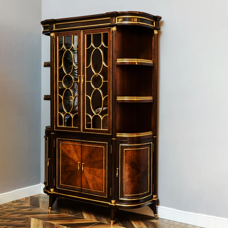 Bookcase Retro Brown Color Bookshelf Copper Book Cabinet with Two Led Lights Decorative Furniture Wooden and Brass with Glass