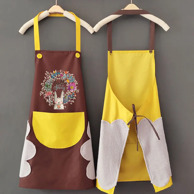 90*70Cm Women Baking Accessories Kitchen Wipeable Waterproof Oil-Proof Cartoon Wreath Rabbit Kitchen Nail Shop Apron