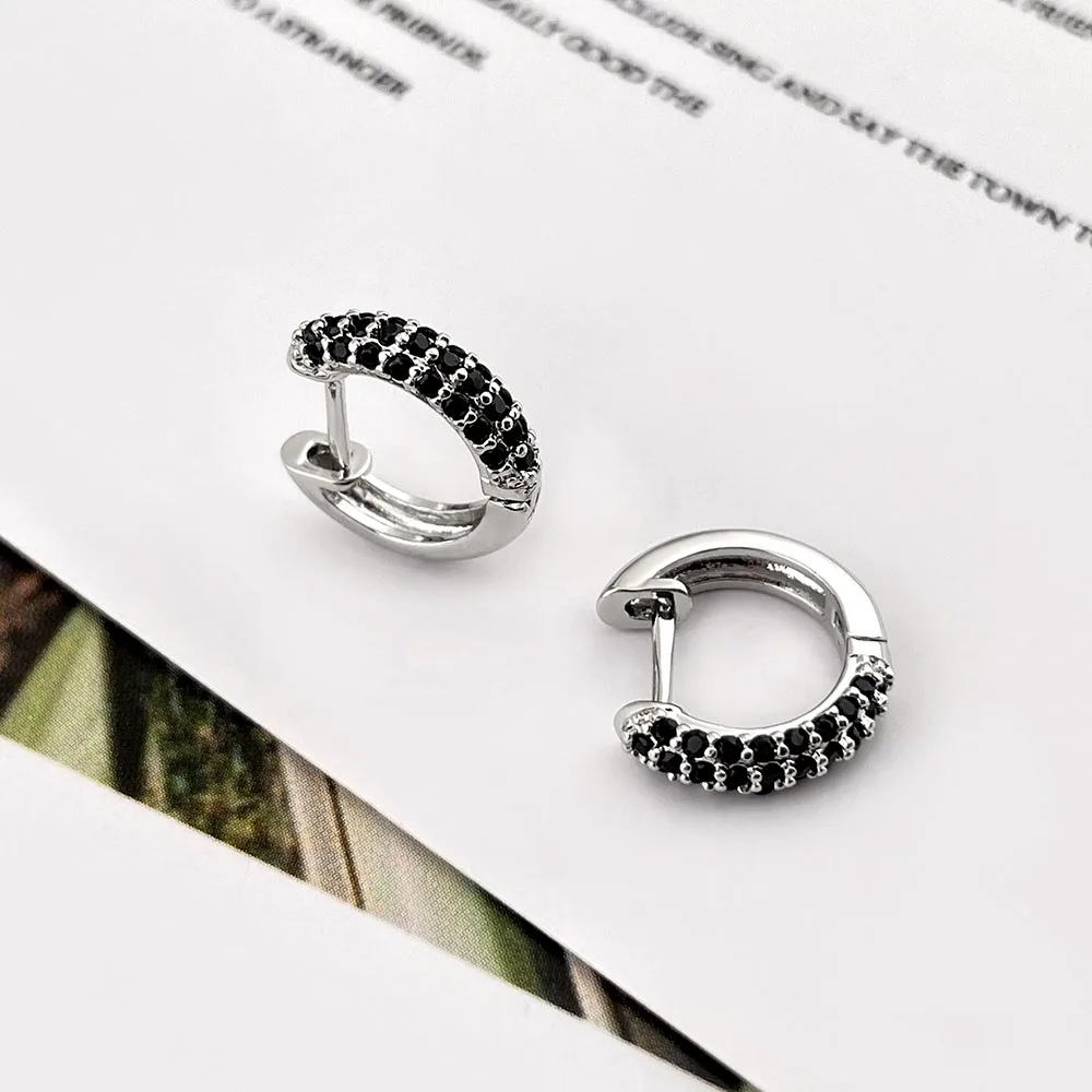 FOXI manufacturer S925 silver earings Platinum rhodium plated cz black stone earrings small silver 925 hoop earrings