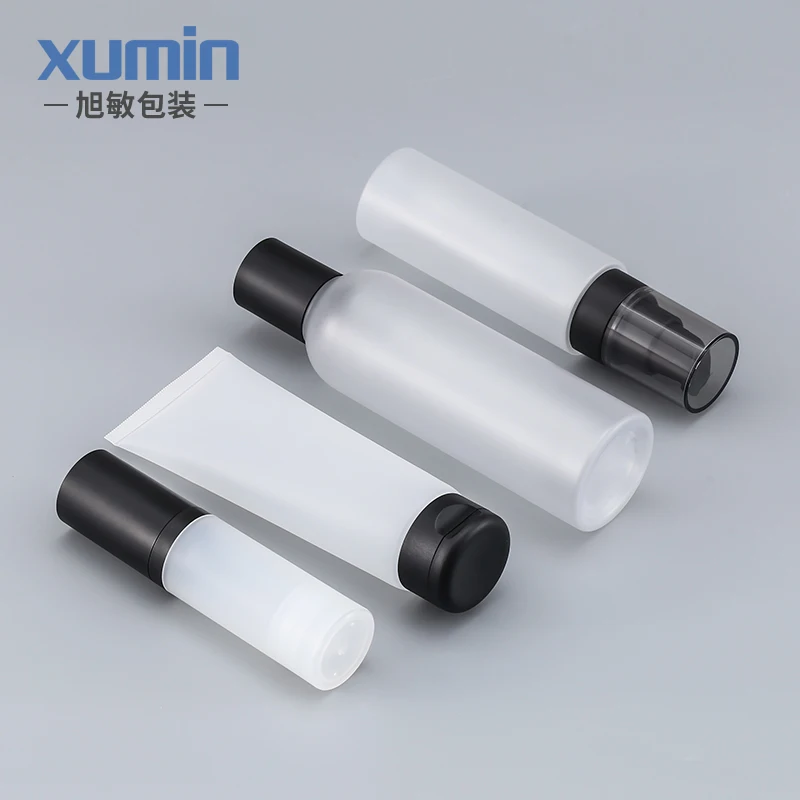 plastic 50g cream jar 100 ml frosted spray bottle and 100ml Squeeze tube and 200ml lid bottle frosted lotion skin care packing